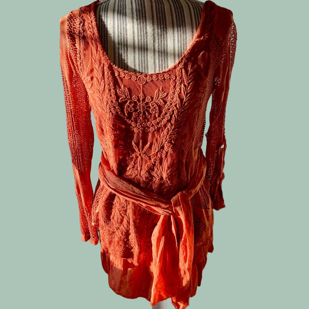 NWT COLORINE PARIS Orange Dress size small made in Italy cotton with a sash